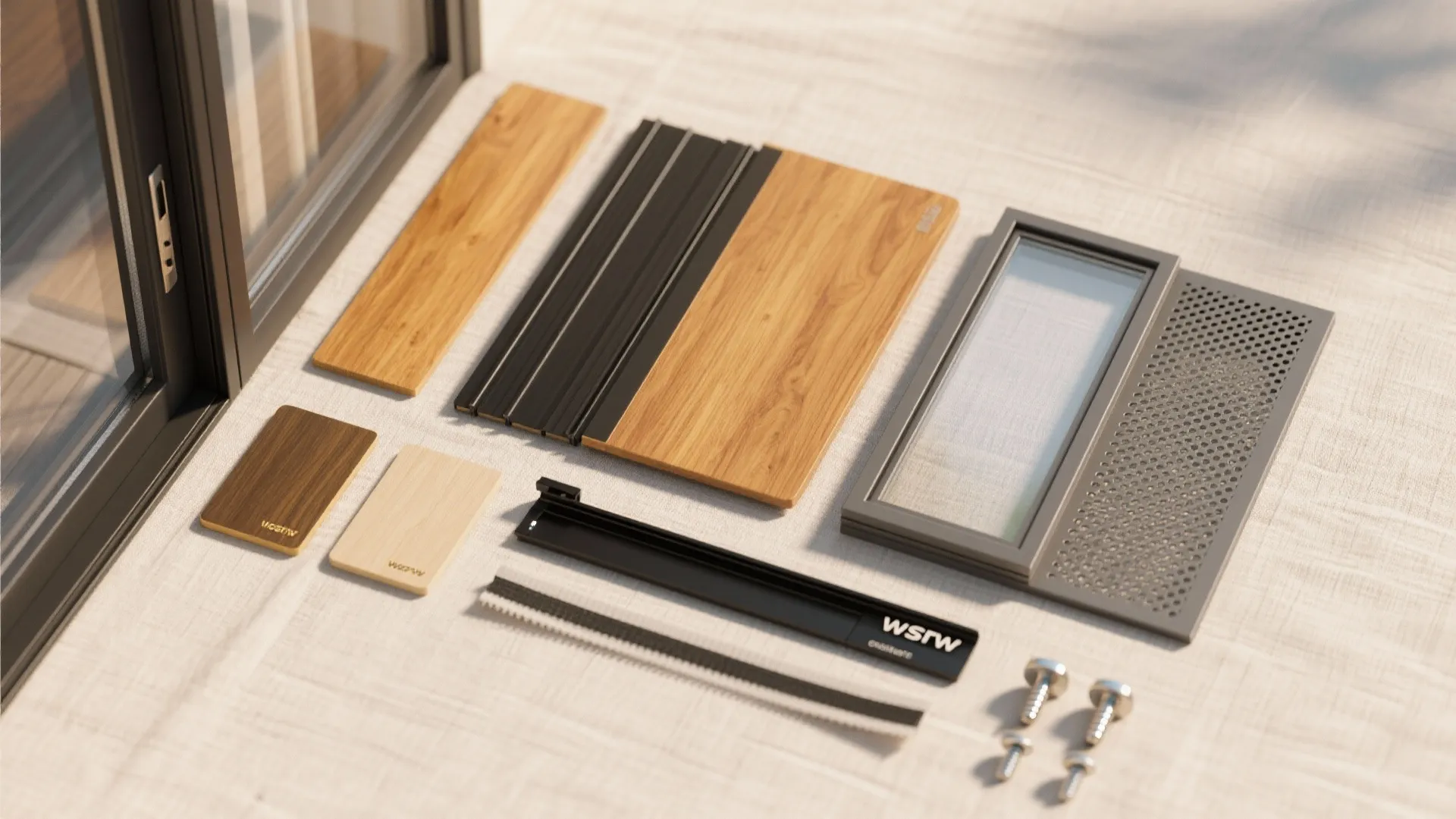 Selection of interior design materials including wood panels metal tracks screws and window screen parts