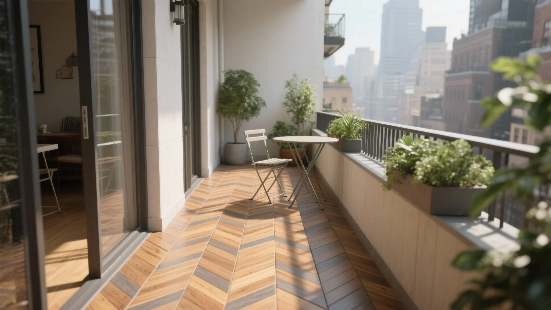 Outdoor balcony featuring wooden floor pattern small table chair green plants and a city background
