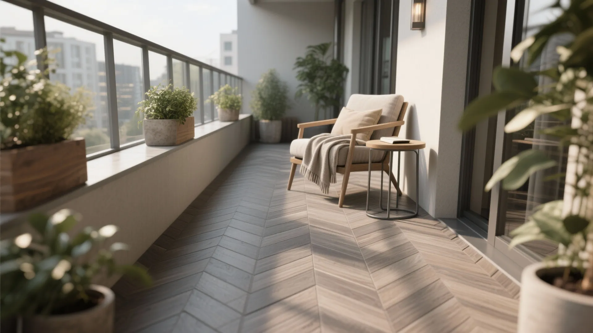 Wood‑look porcelain planks to cozy up narrow balconies