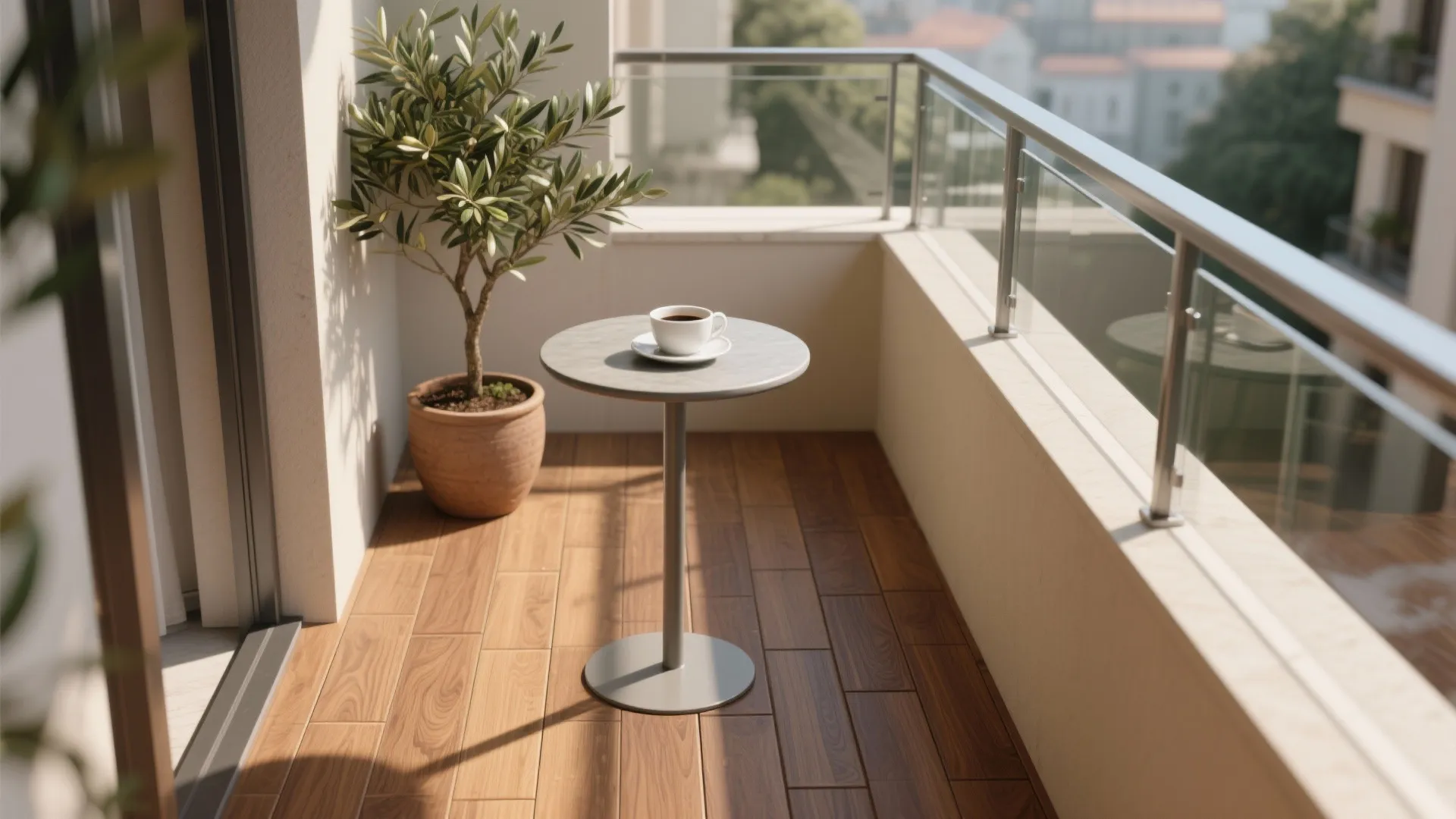Outdoor balcony featuring brown wood floor tiles a small grey table and a potted plant
