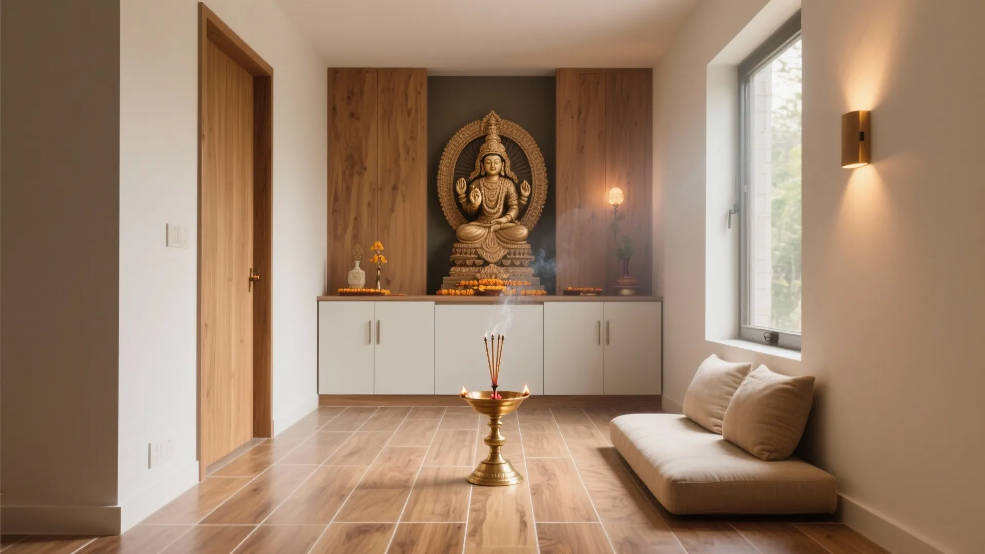 Modern prayer room with gold statue white cabinets wooden floor large window and small floor sofa
