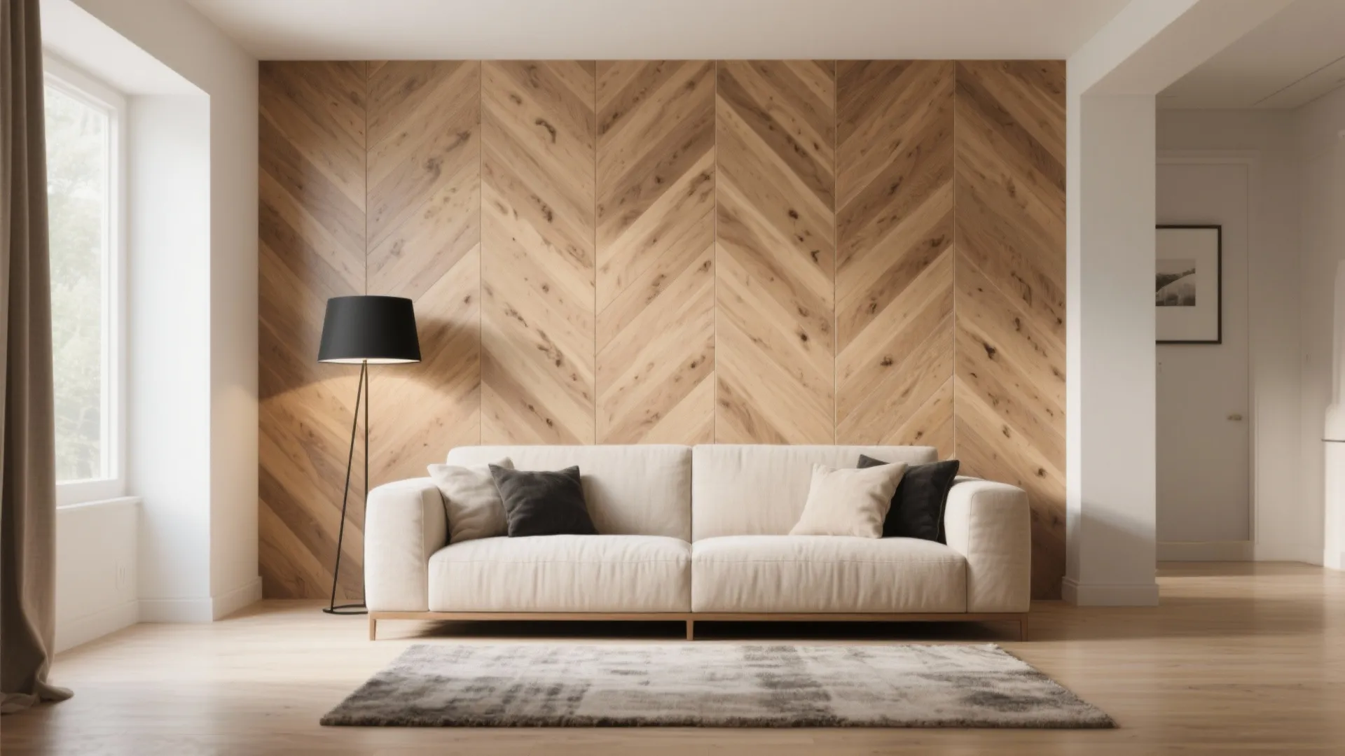 Warm wood-look porcelain for cozy living walls