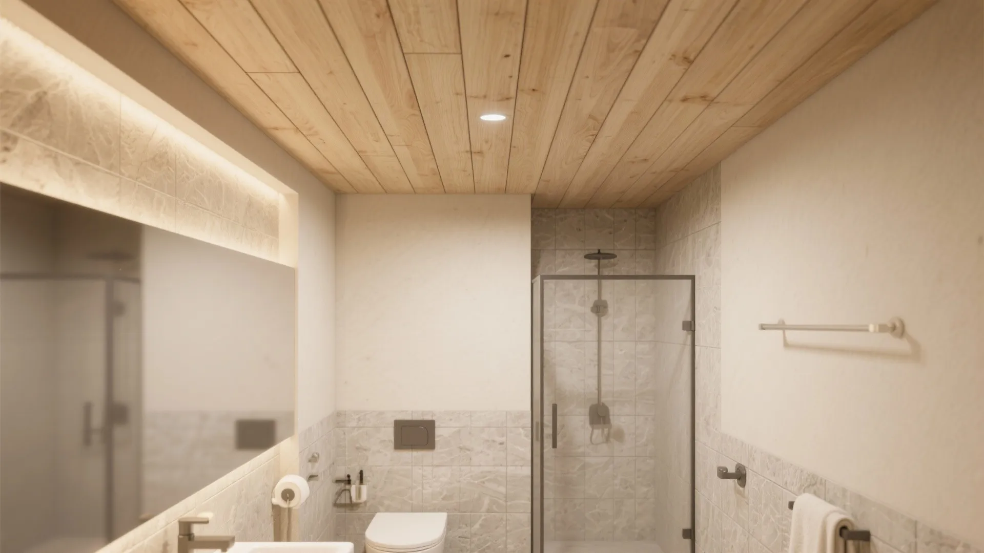 Neutral bathroom design drawing with wood ceiling panels stone wall tiles and glass shower area