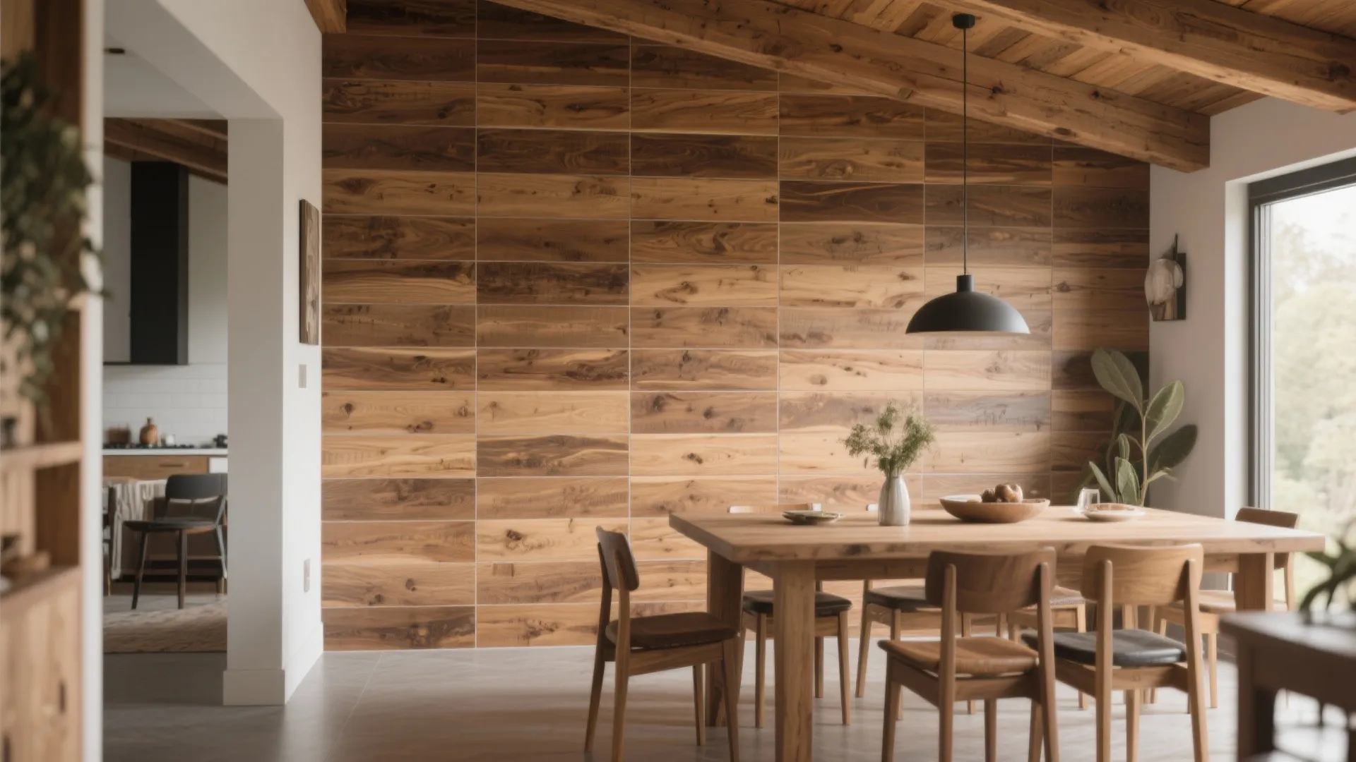 Dining room with wood panel wall, wood ceiling beams, black ceiling light, and wooden sets
