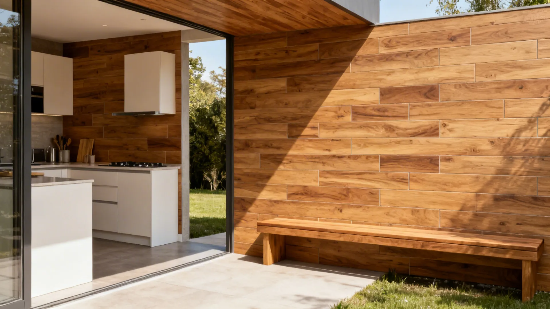 Wood-look porcelain planks warm a kitchen wall and match an outdoor bench panel.