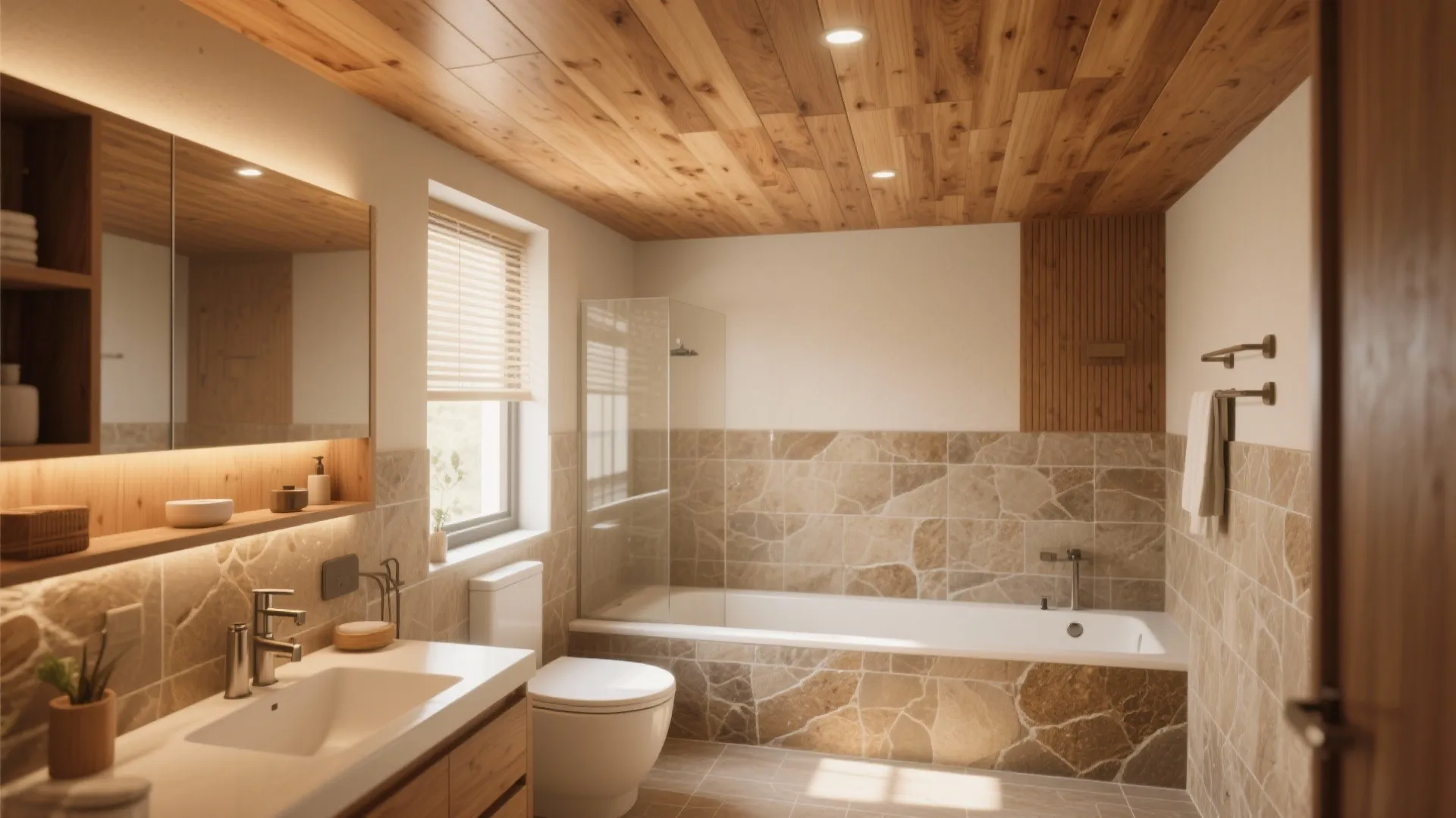 Warm bathroom interior with wooden ceiling and stone wall tiles plus bathtub and wooden sink cabinet