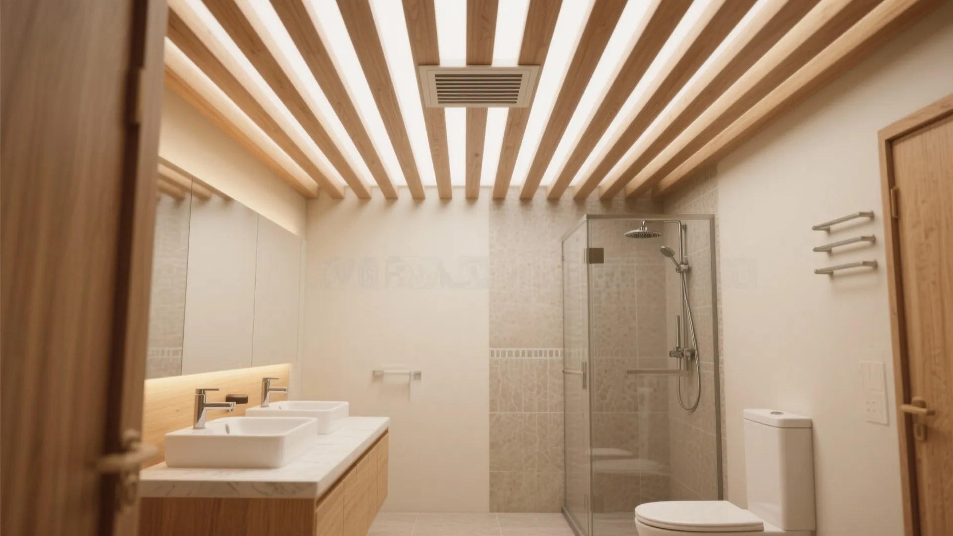 Modern bathroom featuring wooden slat ceiling lights, double sinks, a mirror, and a glass shower