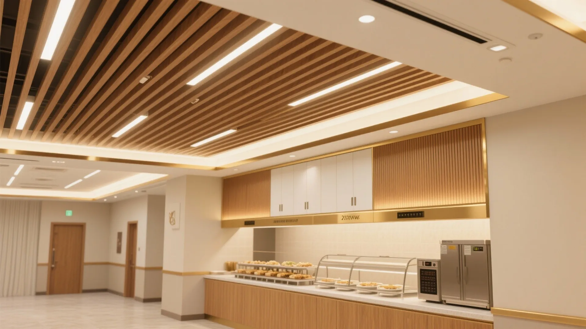 Marriage hall with wood-look slat ceiling over buffet and low-VOC satin-painted gypsum ceiling.
