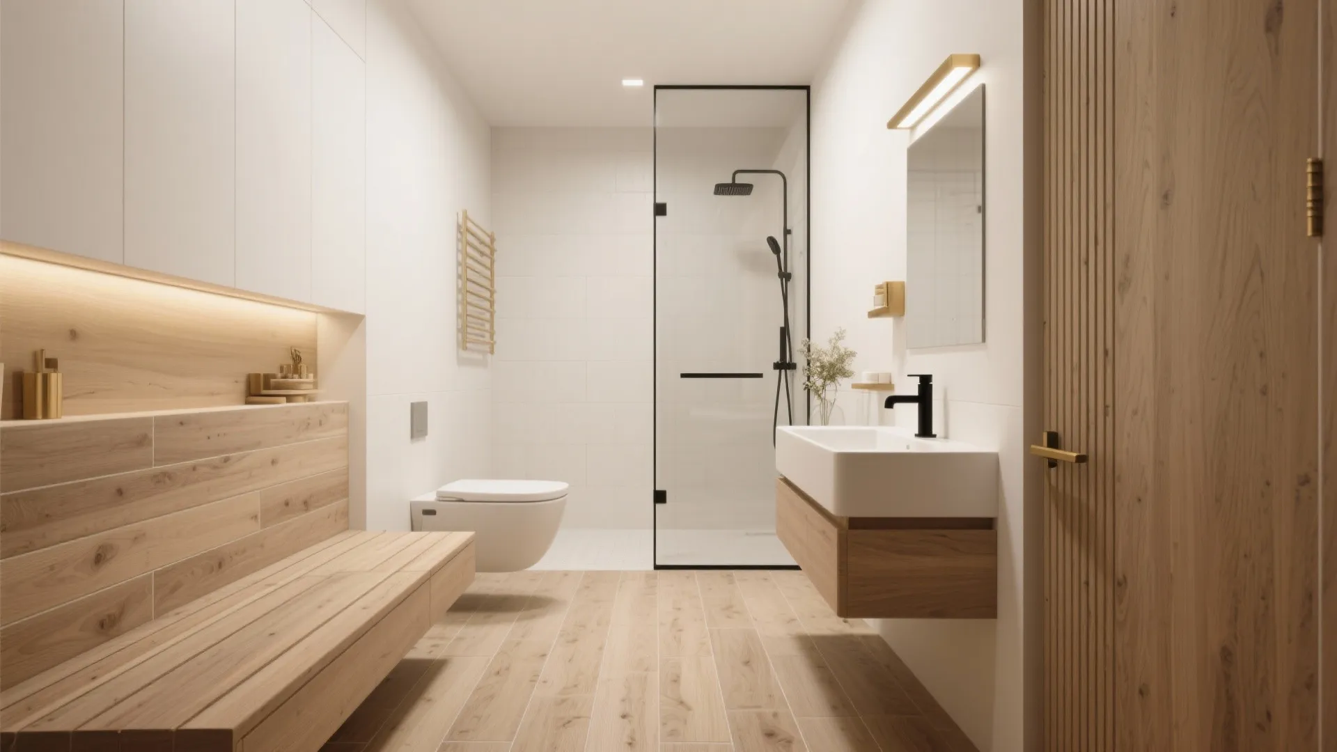 Modern bathroom interior design featuring wood floor tiles white sink wall light and glass shower