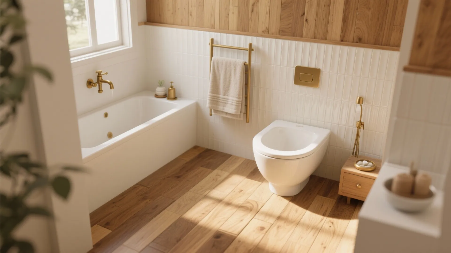 5) Spa Warmth: Wood-Look Porcelain + Subtle Texture