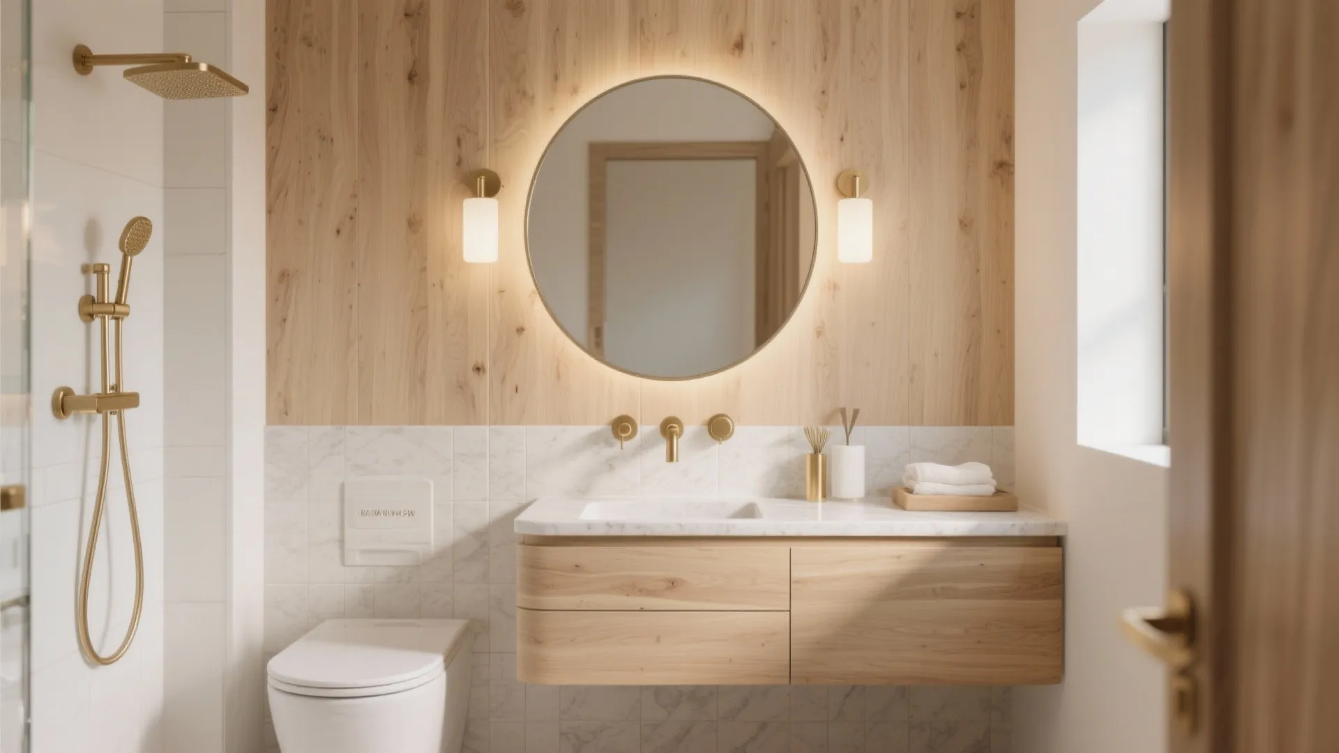 Luxury bathroom with wood wall panel round backlit mirror gold faucet white marble sink and toilet