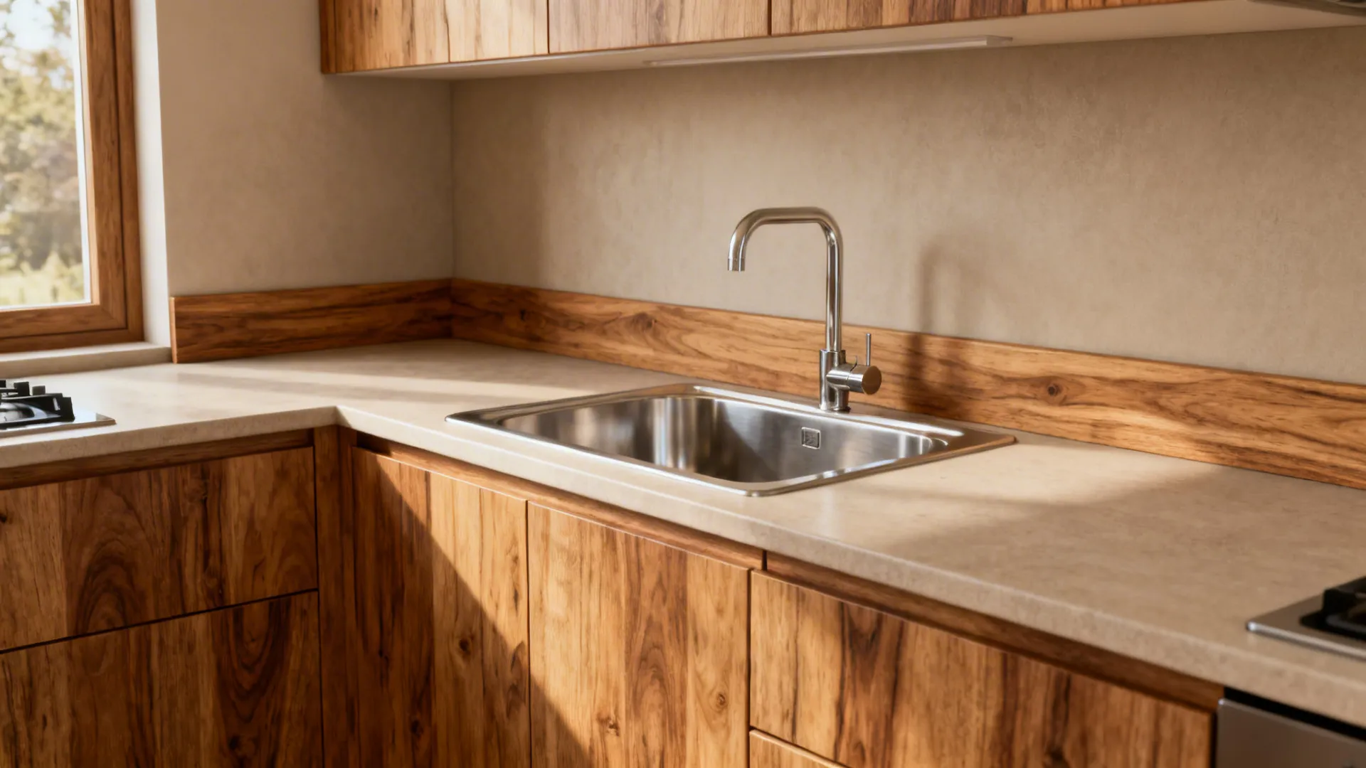 Matte wood-look porcelain upstand and backsplash insert behind a kitchen sink.