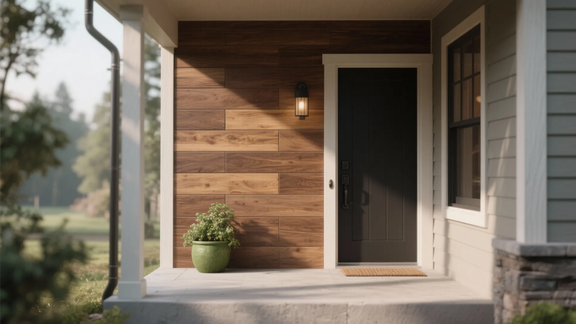Front porch featuring wood wall panel dark door green plant pot and small wall light