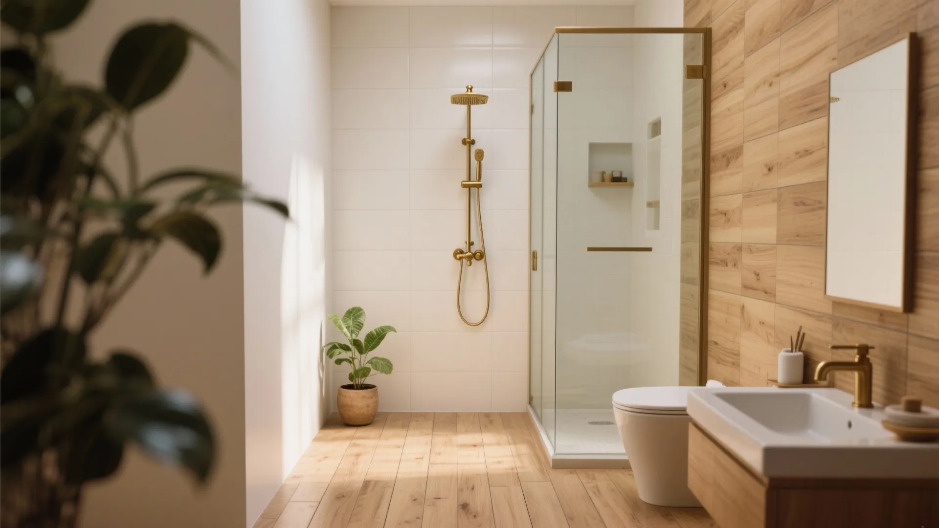 Wood-Look Porcelain + Warm Metals