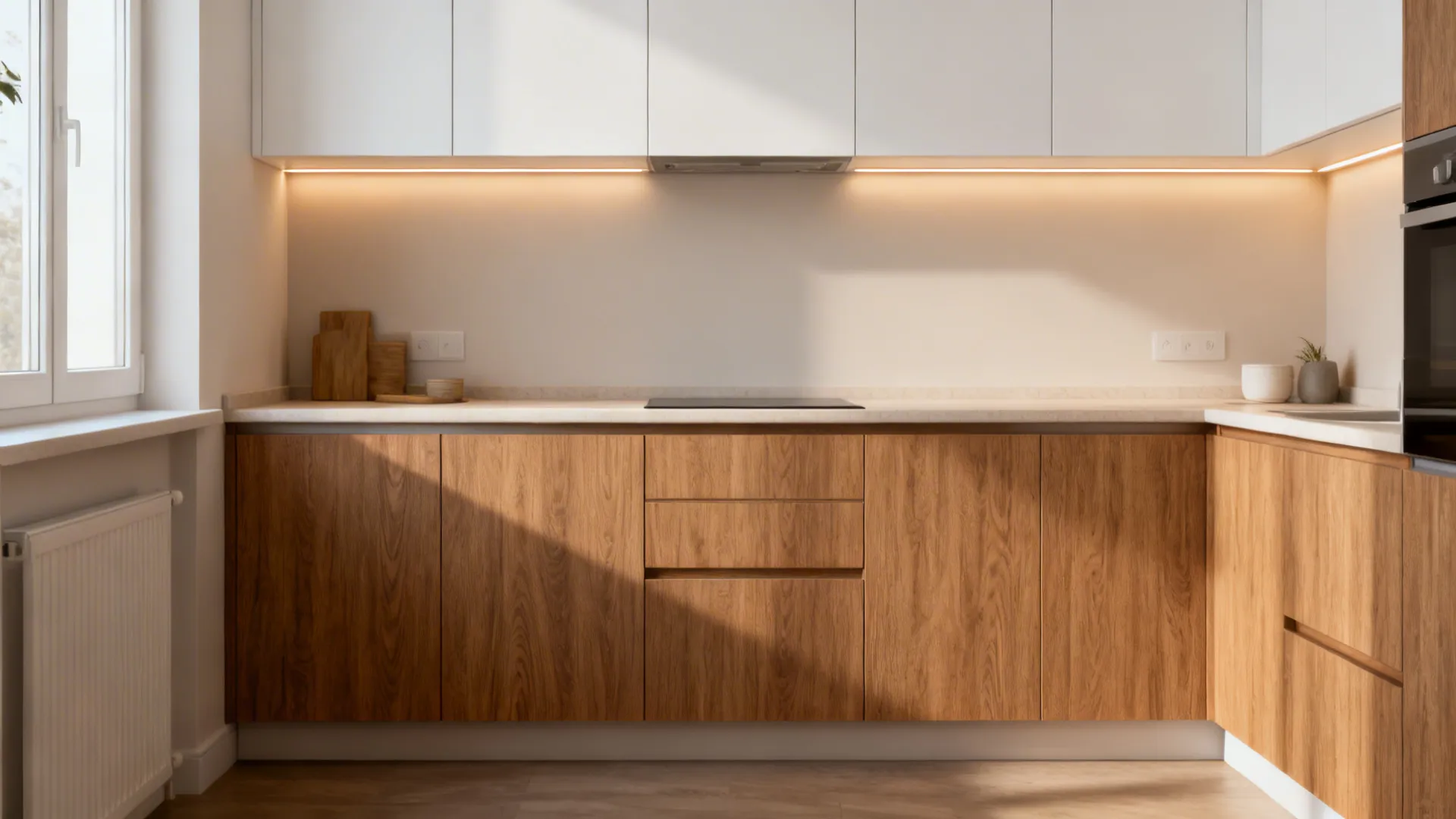 Compact kitchen with oak-look base cabinets and matte white uppers under warm lighting.