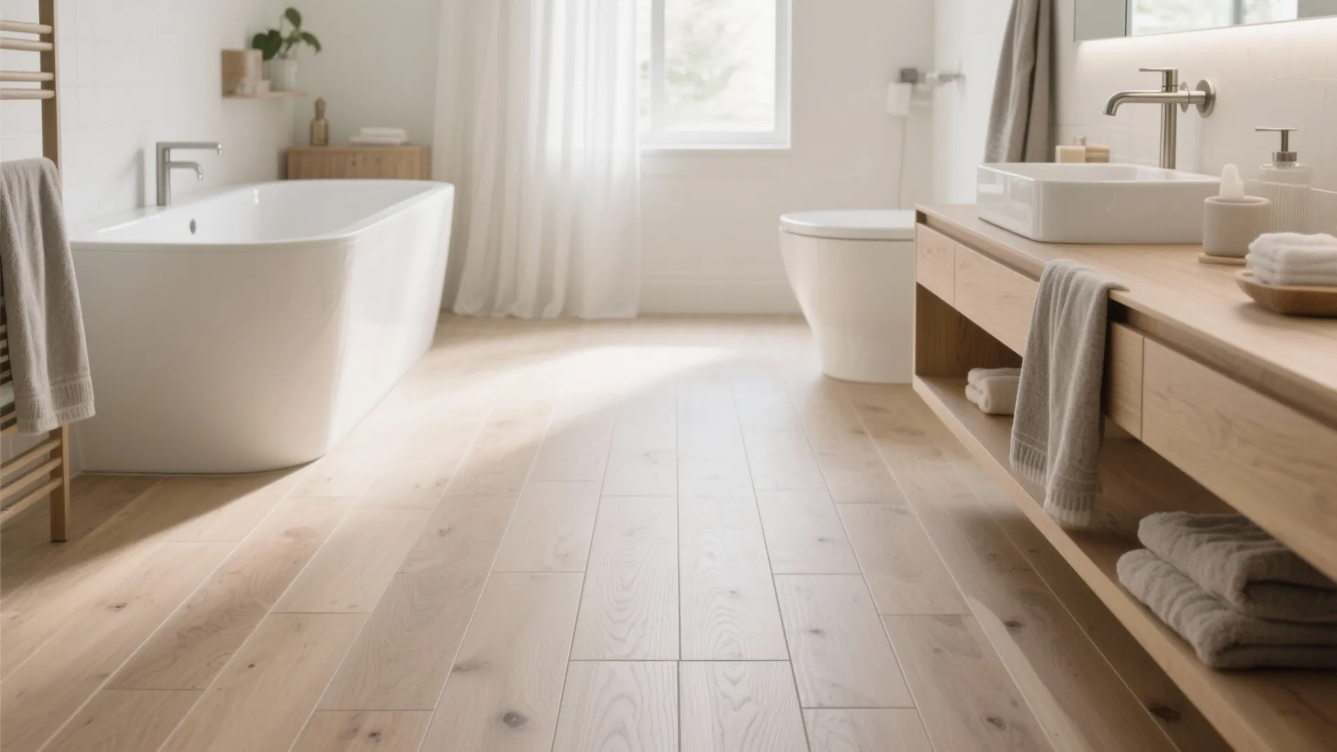 Bright modern bathroom with light wood flooring white bathtub wooden cabinet white sink and natural light