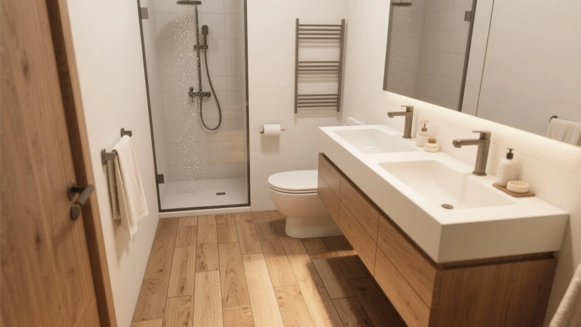 Modern bathroom featuring double sinks with wooden cabinet white toilet glass shower and wood floor
