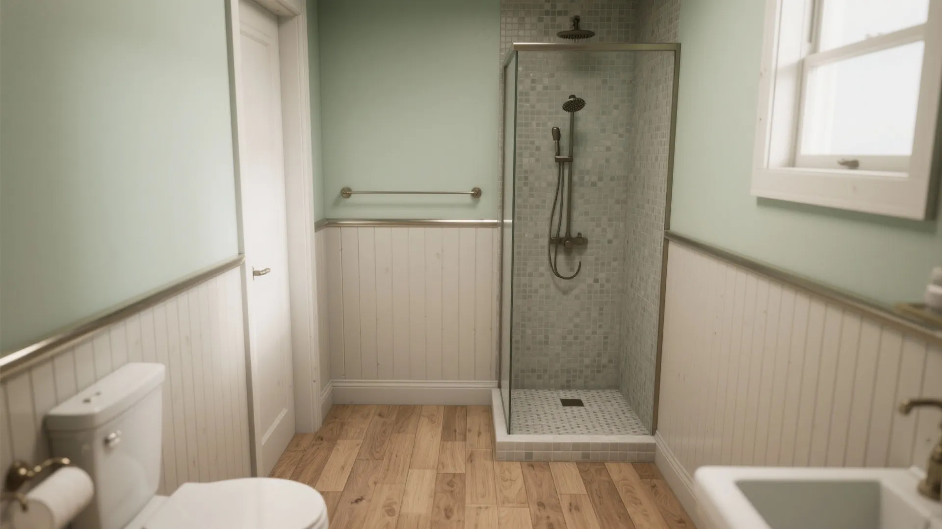 Small bathroom featuring glass shower cabin green walls white wall panels and light wood flooring