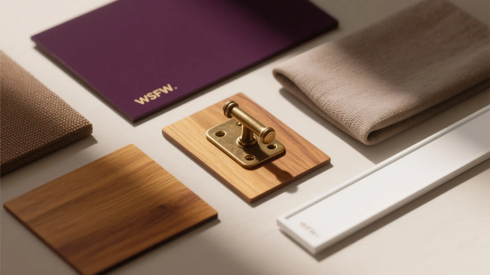 Top-down material flatlay of dark purple paint swatch with honey wood, aged brass, and neutral fabric samples.