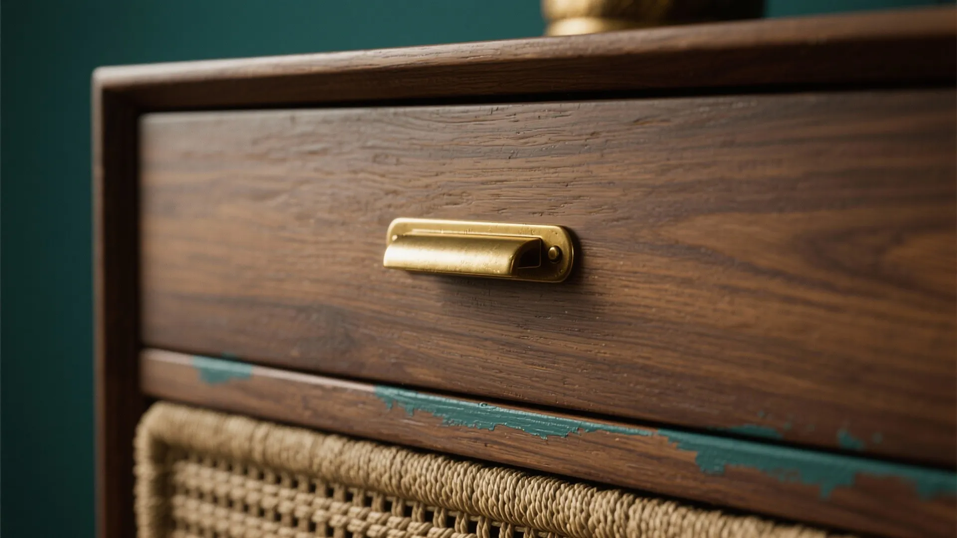 Close-up of mid-tone wood and warm brass hardware against a dark teal wall, showing materials and finishes.