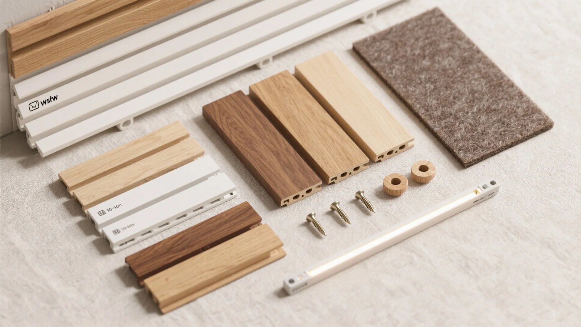 Wood slats, white plastic parts, screws, small wooden rings, and brown felt on light fabric