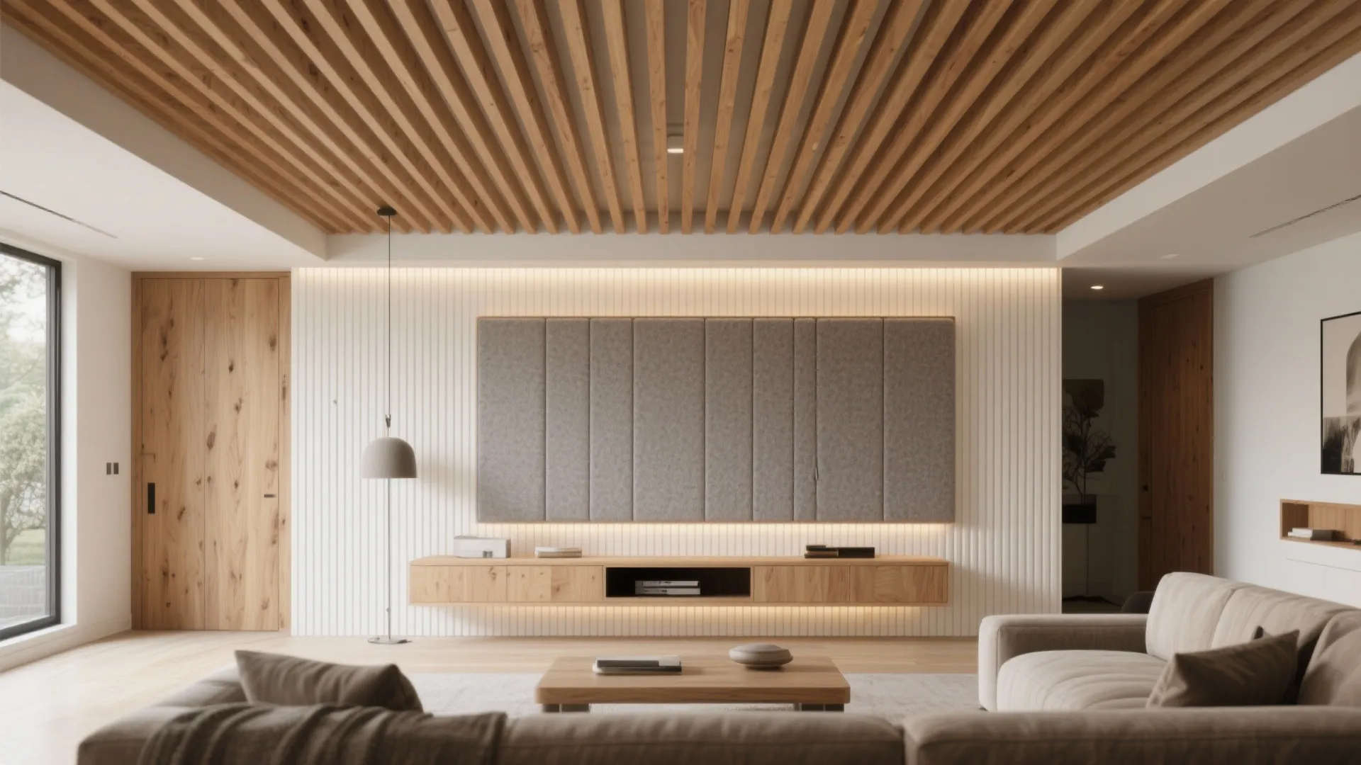 Modern living room with wood slat ceiling white wall panel wooden cabinet grey sofa floor lamp