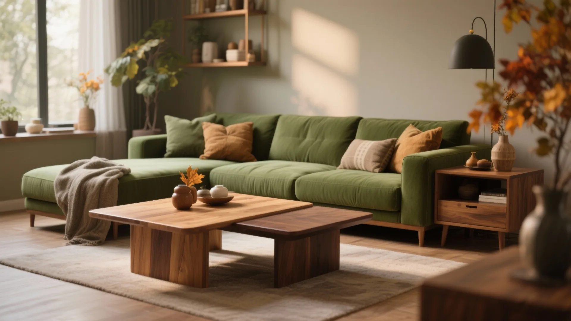 Cozy living room with green sofa wooden coffee table small side cabinet and black floor lamp