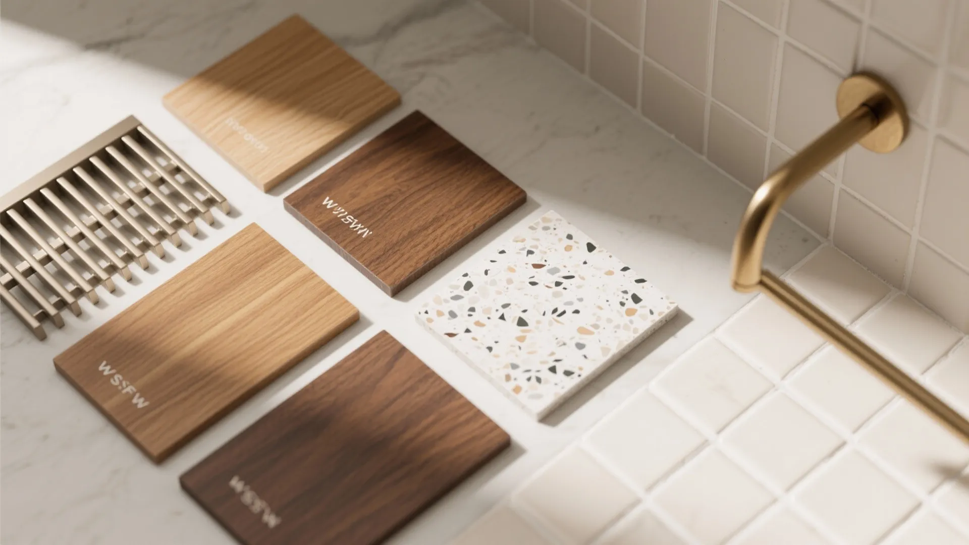 Flat lay with wood-look aluminum swatches, terrazzo, zellige, and brass hardware