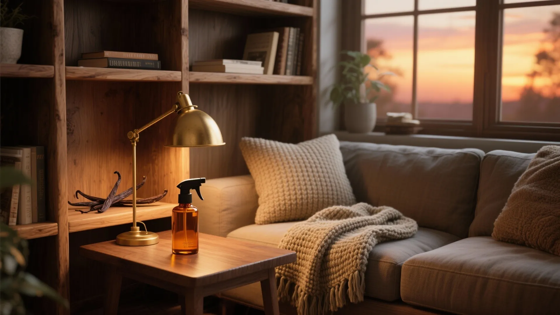 Brown spray bottle on wooden table beside gold desk lamp in a cozy warm room
