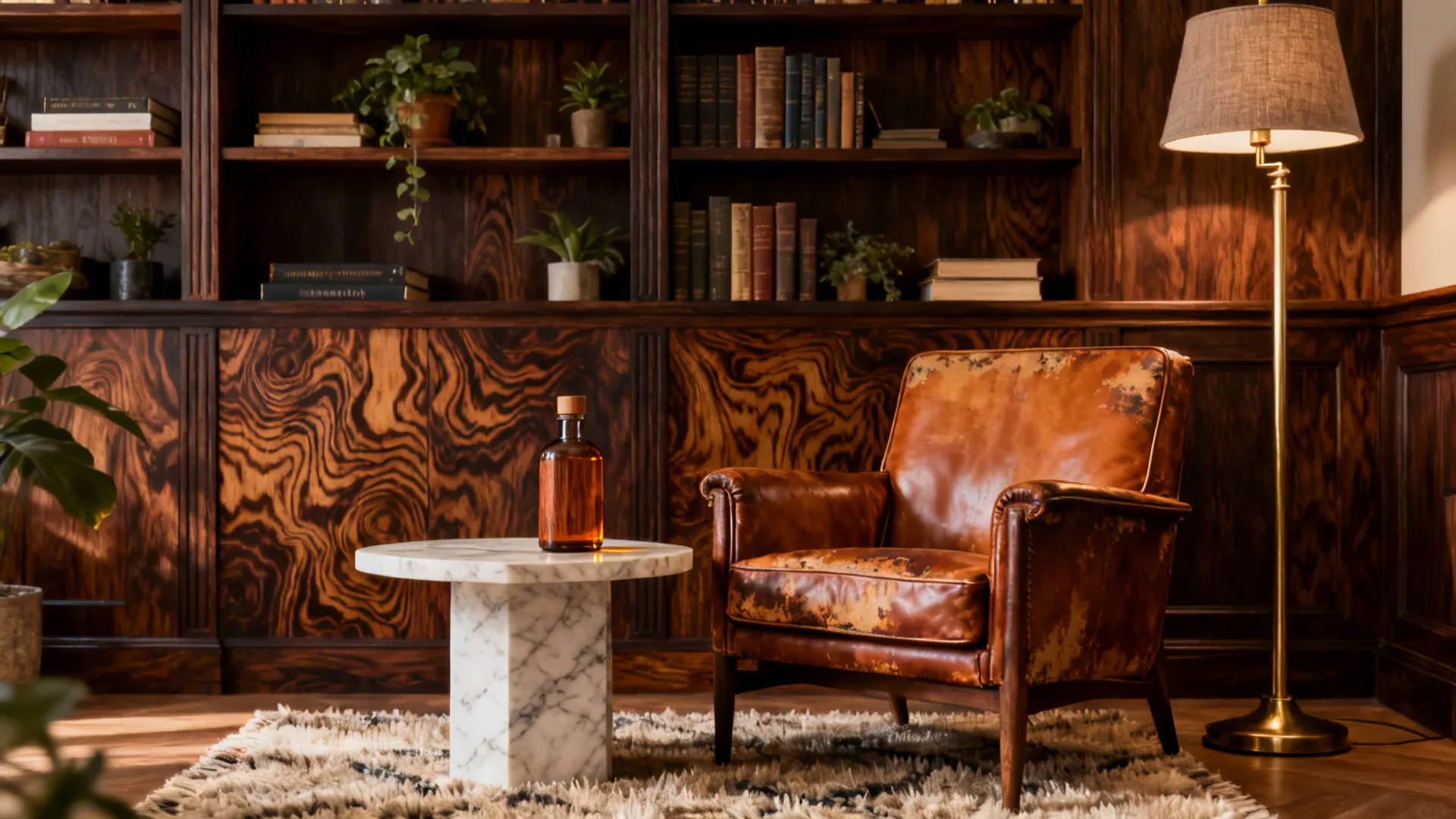 Leather armchair next to marble side table and floor lamp with dark wood bookshelves and plants