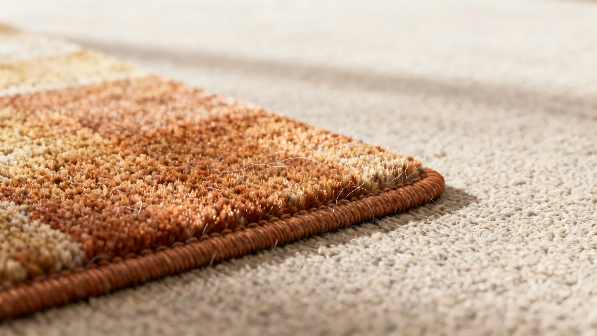 Close-up of a low-pile stain-resistant wool blend rug showing fine texture and warm tones.