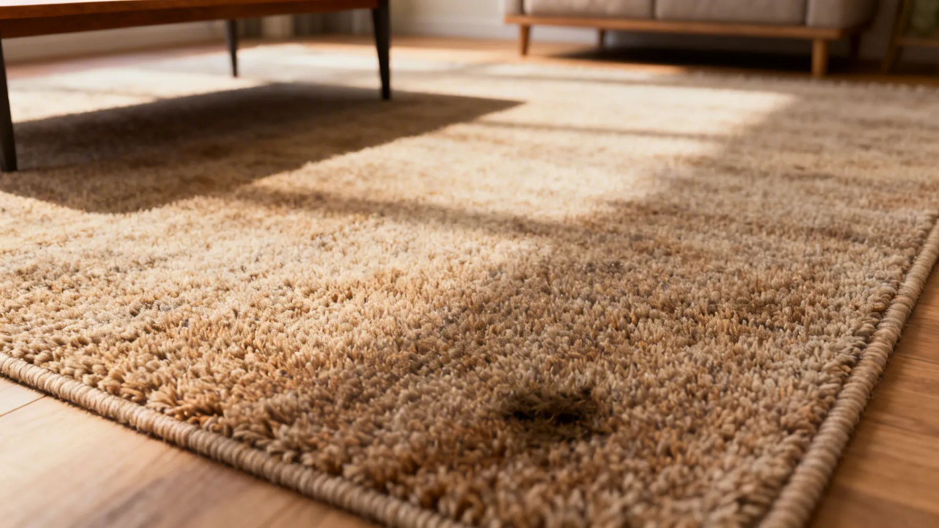 Macro view of a low-pile wool blend rug showing dense short fibers and warm color.