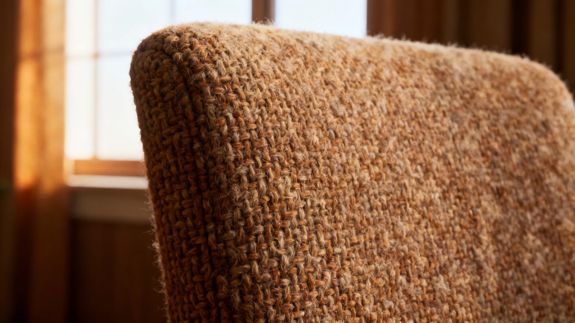 Dense tightly woven wool upholstery in a warm tone on a chair back.