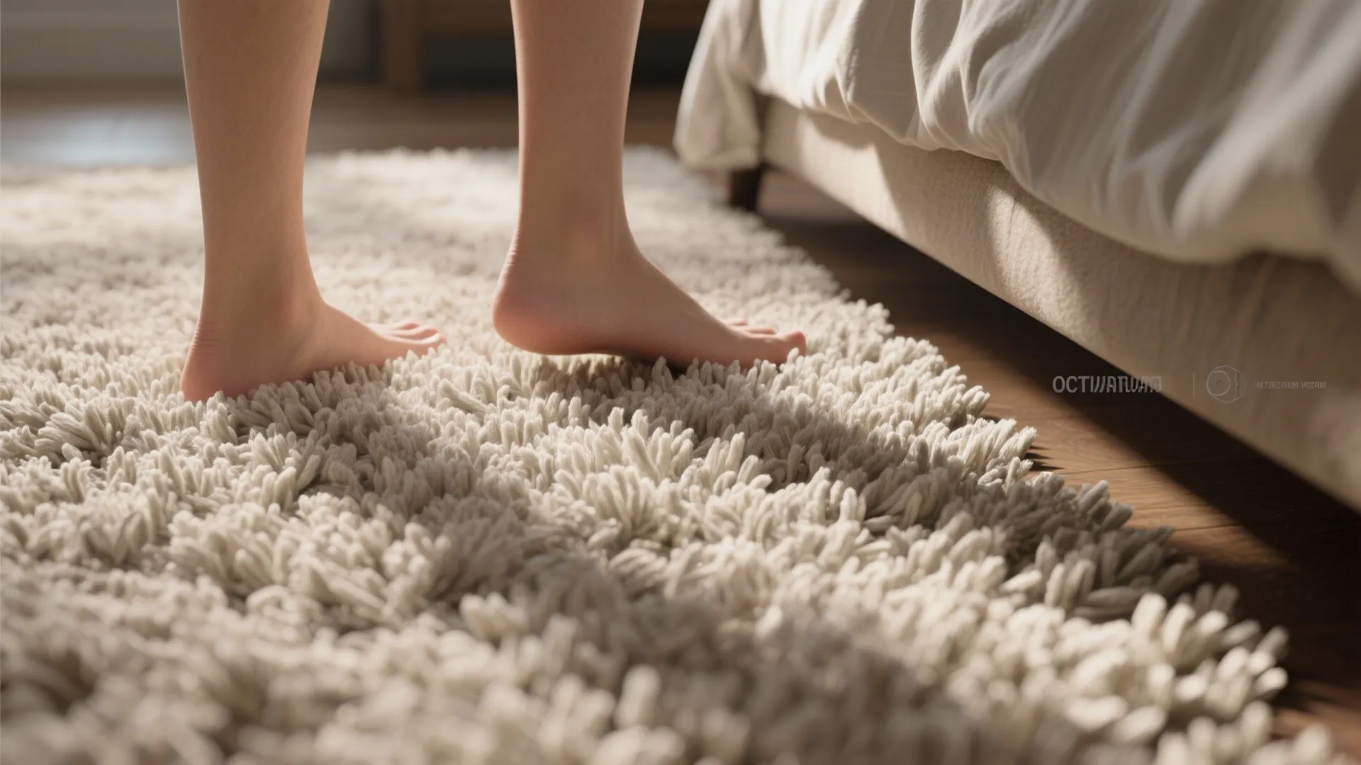 Close-up of bare feet stepping on a soft white wool rug next to a bed