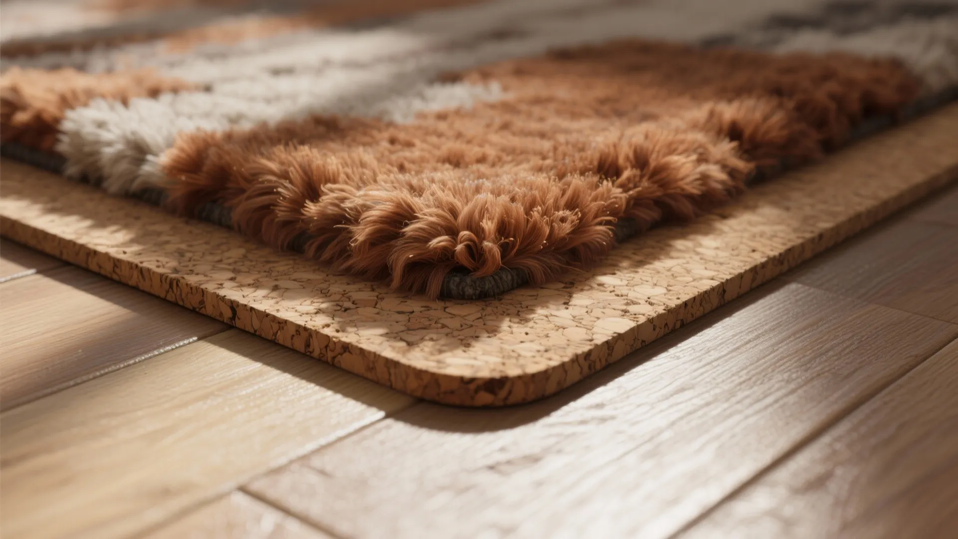 Macro detail of a wool rug over cork underlayment showing fiber and material texture.