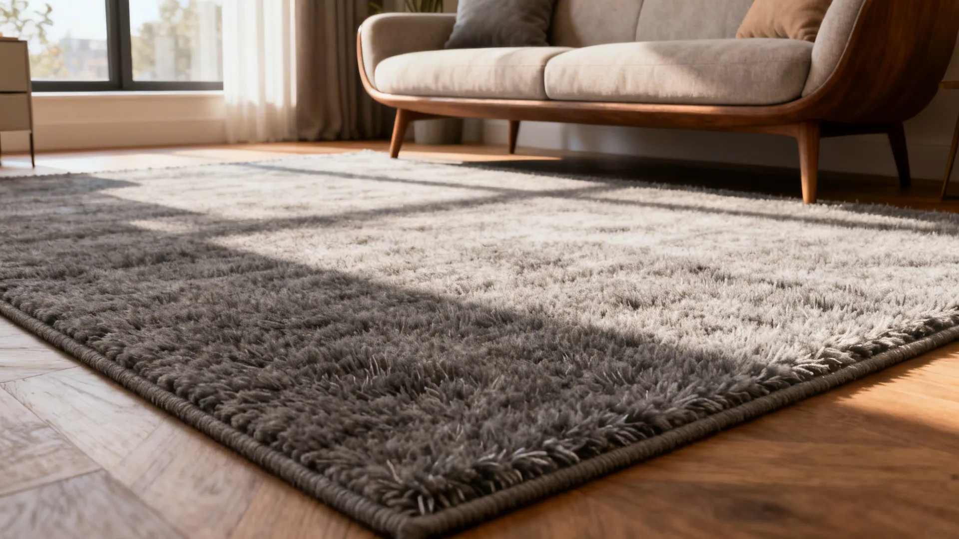 Warm gray low-pile wool rug under a sofa in a cozy small living room.