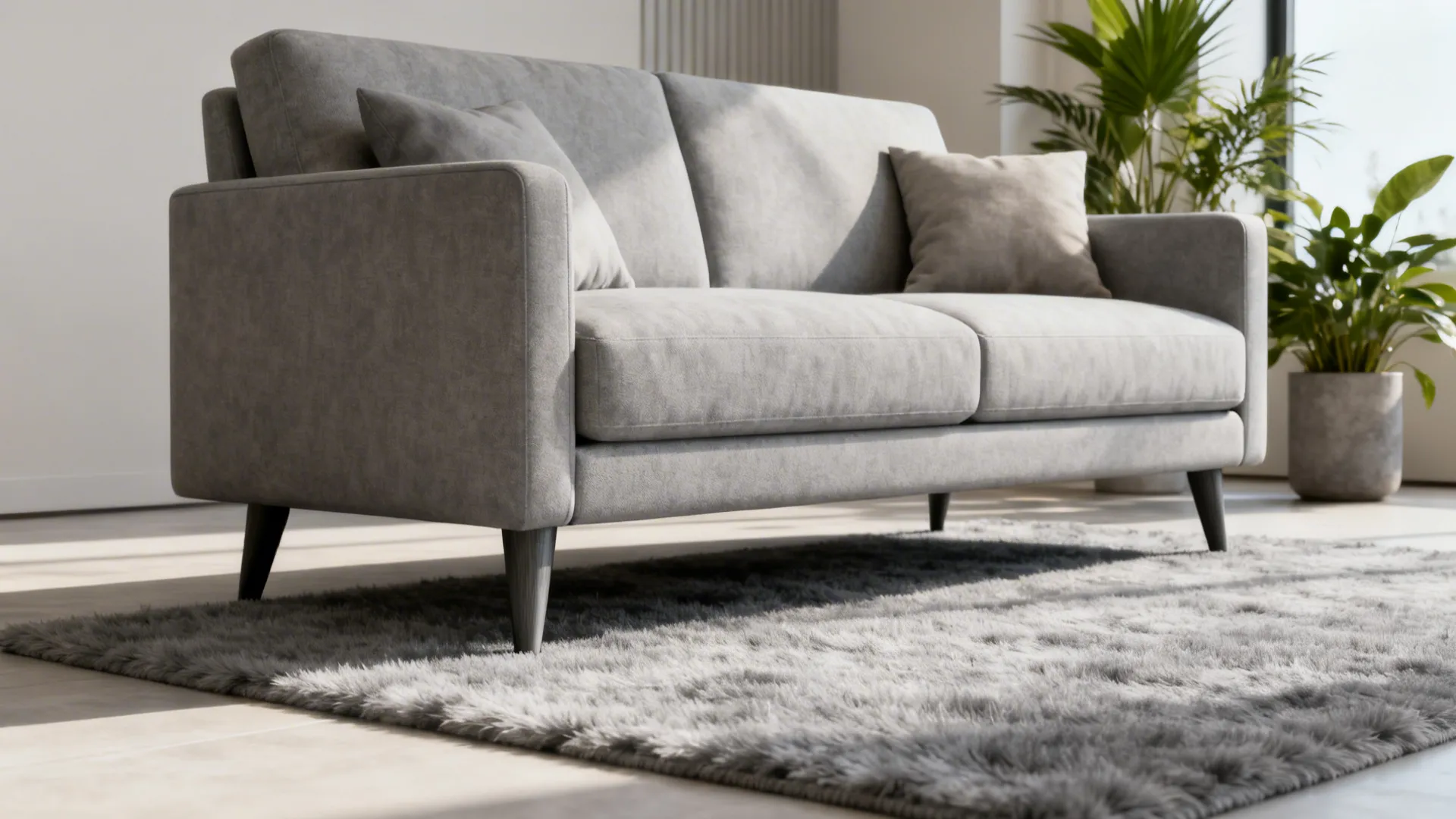 Modern living room with a soft gray low-pile wool rug anchoring the sofa and coffee table.