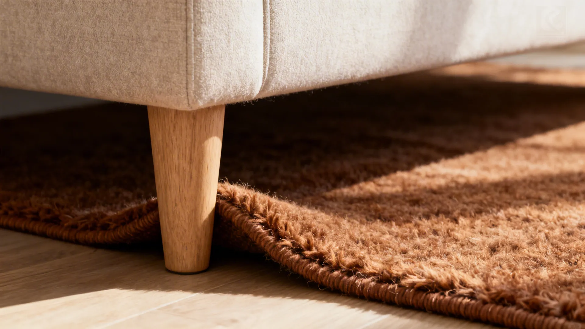 Close-up of a warm brown wool rug texture beneath a sofa leg.