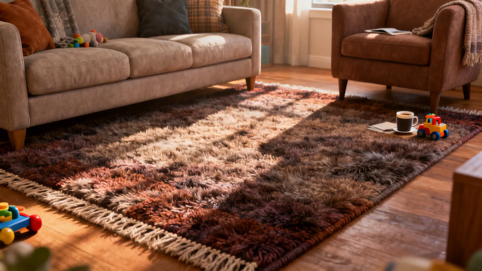Living room with a low-pile wool rug under seating for warmth and durability