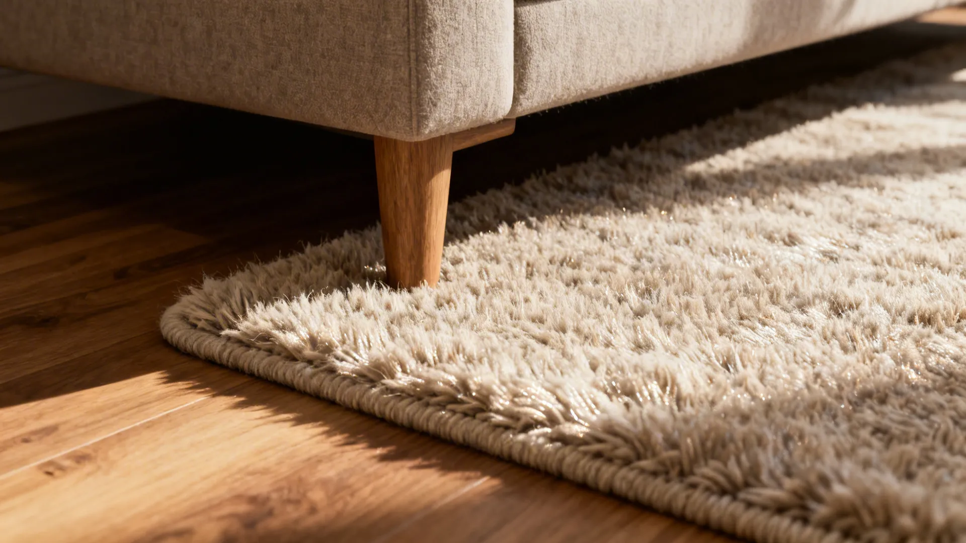 Macro close-up of a high-pile wool rug showing deep soft fibers and natural texture