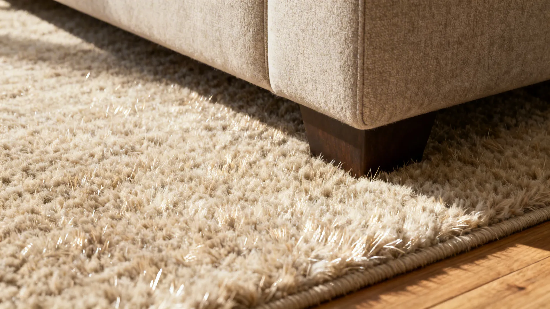 Macro view of low-pile wool rug fibers next to a sofa leg, showing texture and warmth.