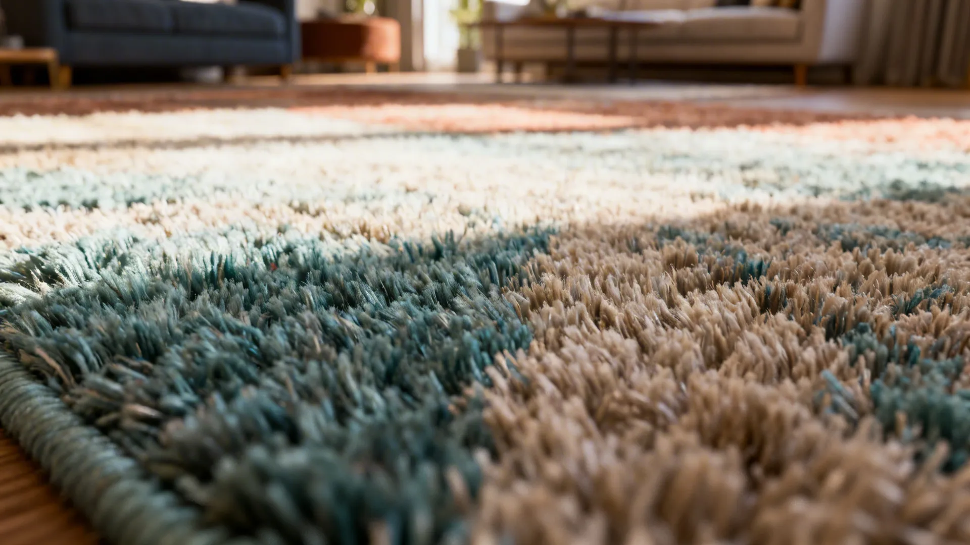 Macro view of dense wool rug fibers showing soft texture and rich color