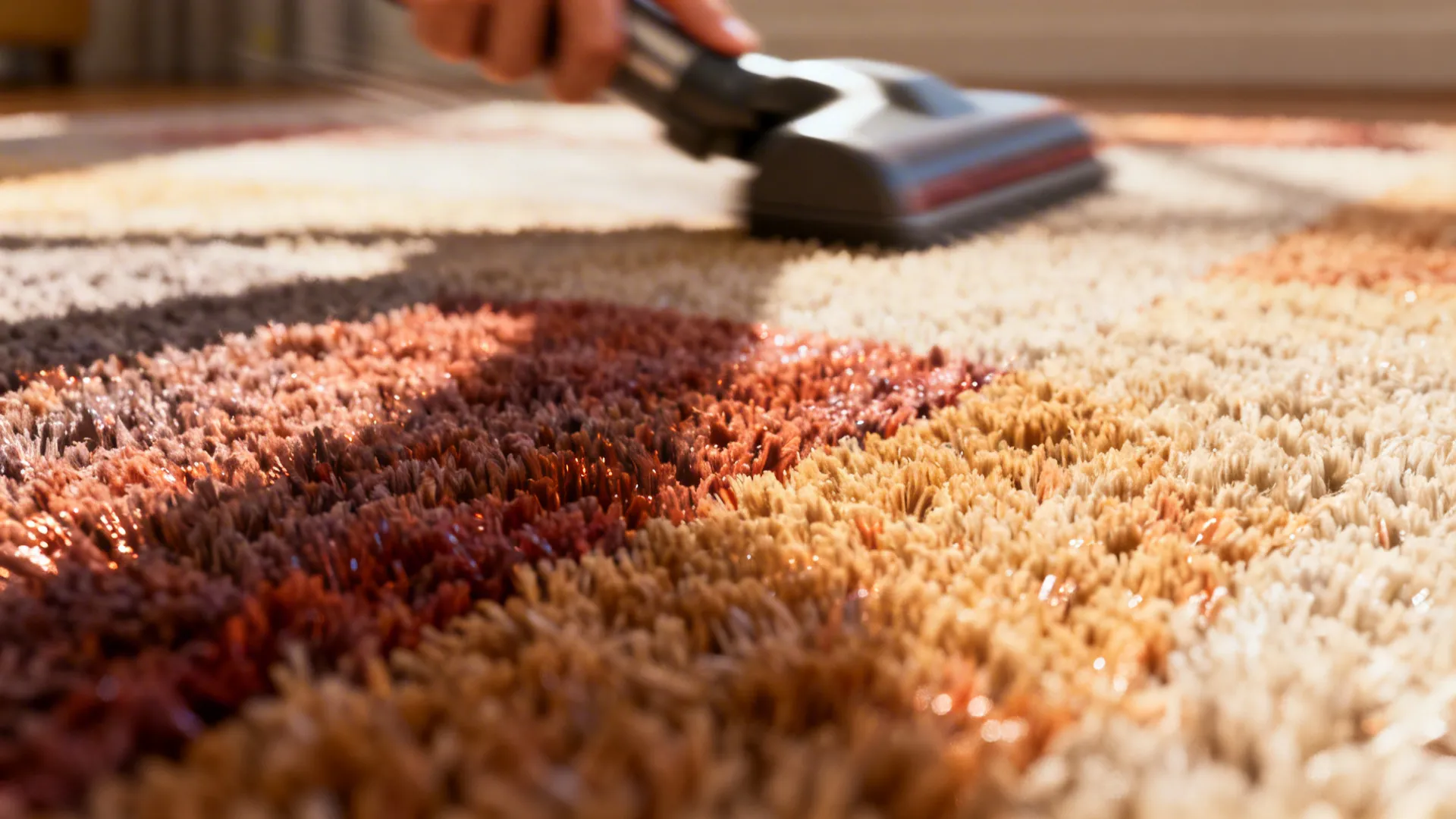 Close-up of dense wool rug fibers with rich color and soft texture.