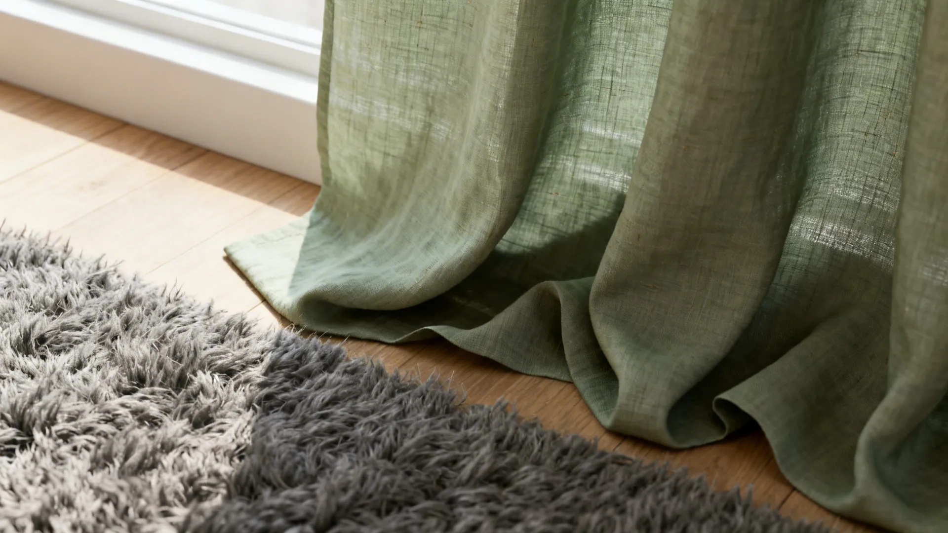 3. Layered Textures: Wool Grey Rug + Sage Linen Curtains