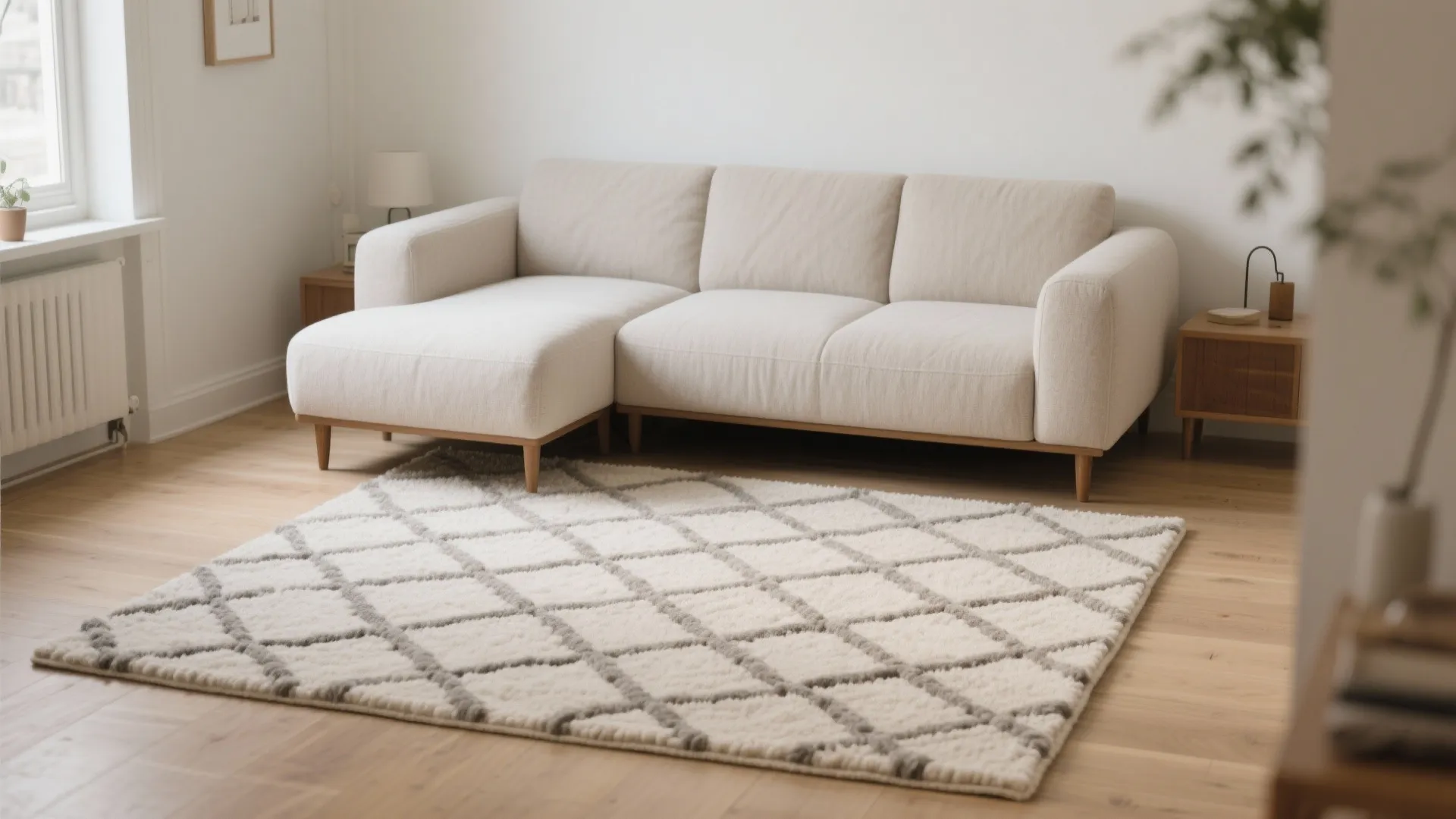 Modern cream sofa with patterned wool rug on wooden floor in a bright minimalist room
