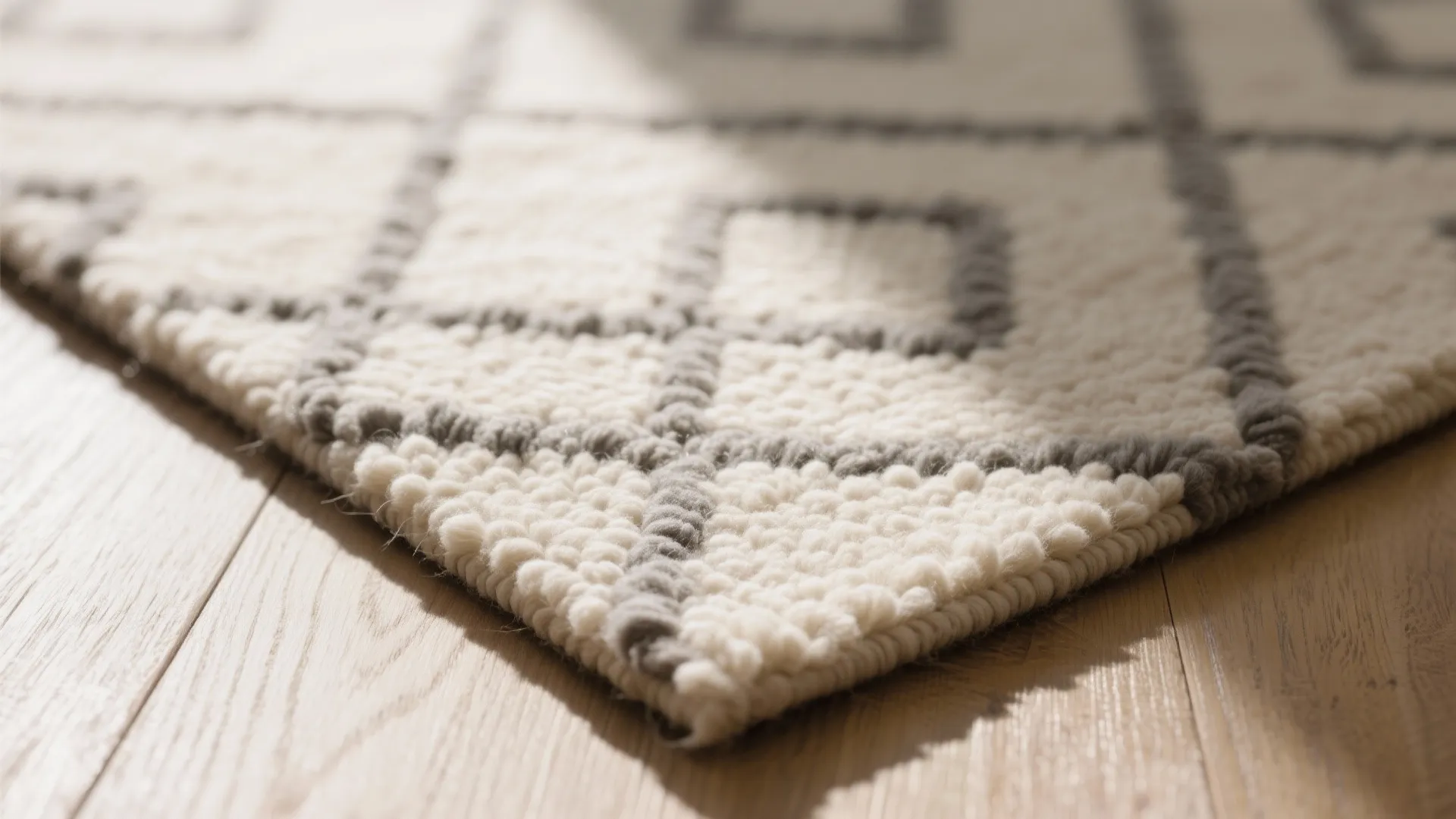 Close up view of white wool floor rug with grey pattern on natural wood flooring