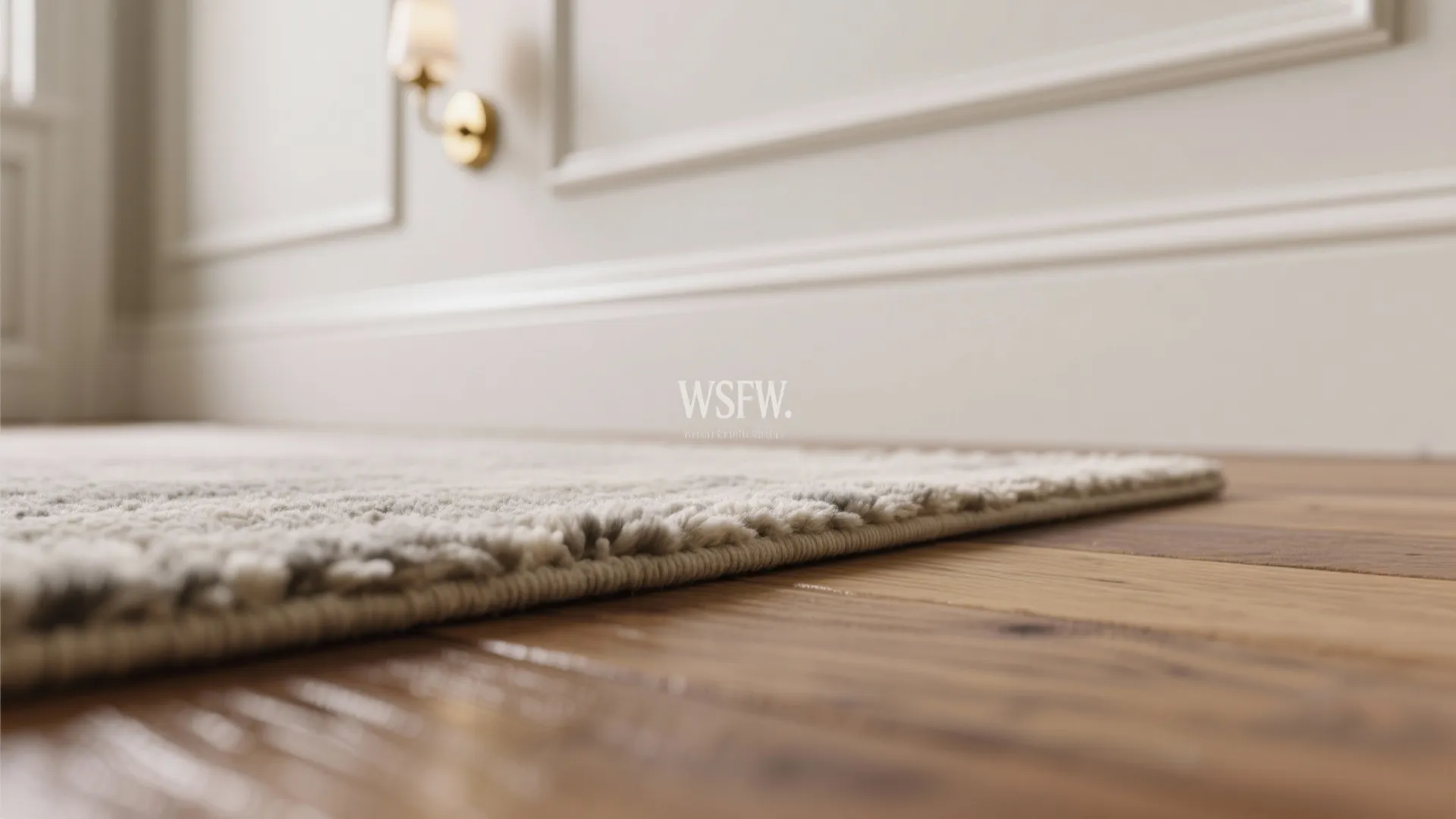 Close-up of a wool runner edge on timber flooring with soft daylight and subtle crown molding.