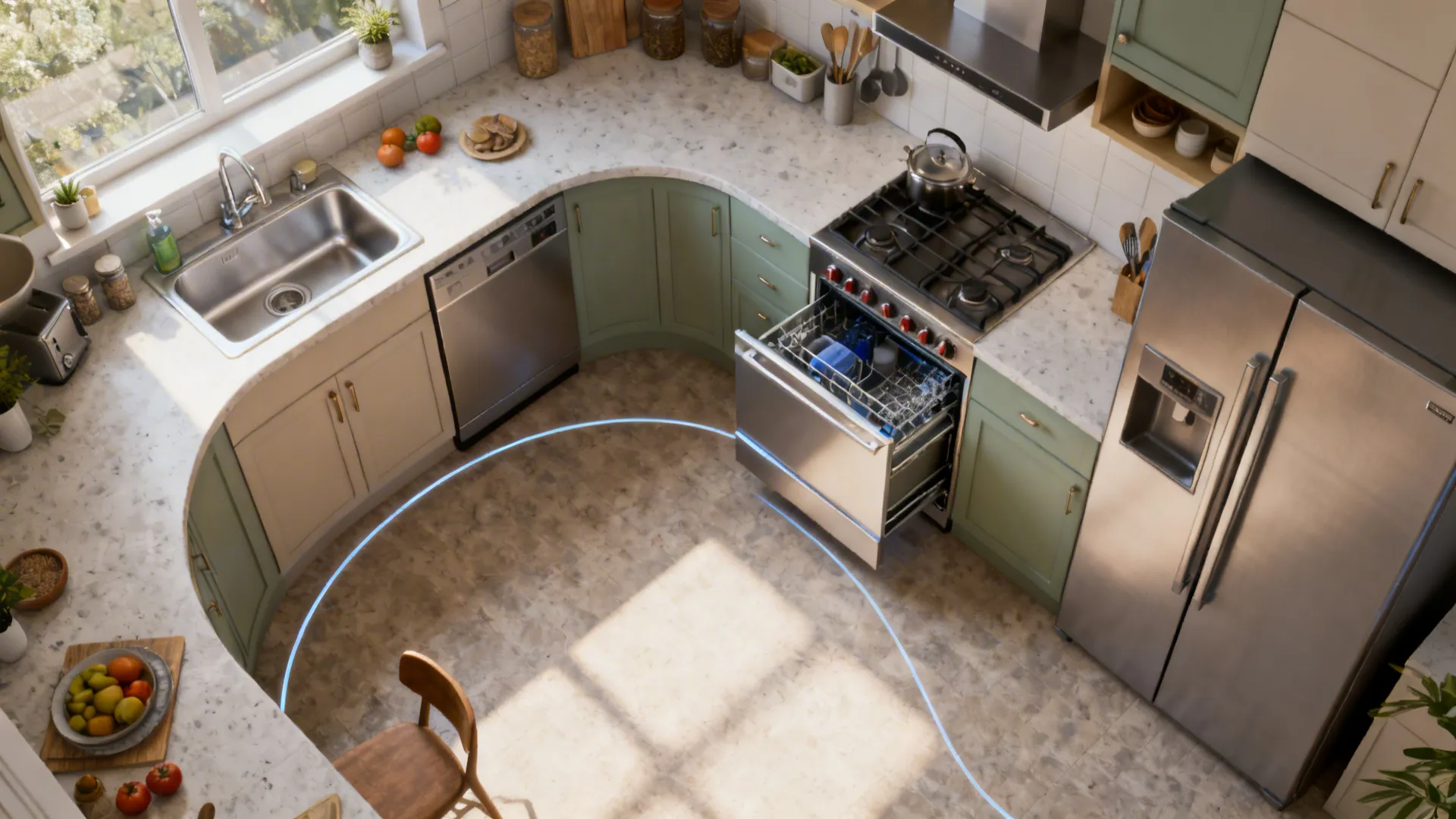 Top-down visualization of a kitchen showing a gentle work arc with accessible appliance heights.
