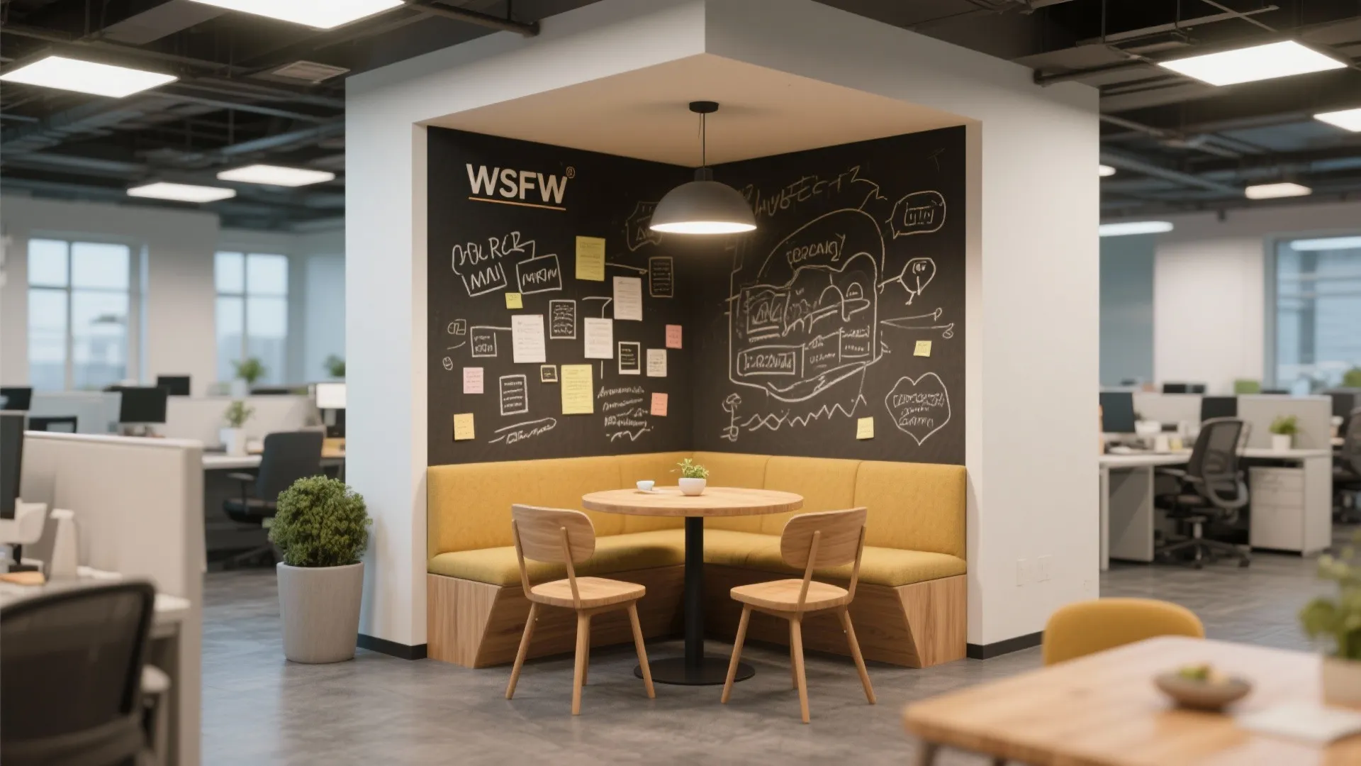 Modern office break area with yellow booth seating wooden table chairs and a large black chalkboard