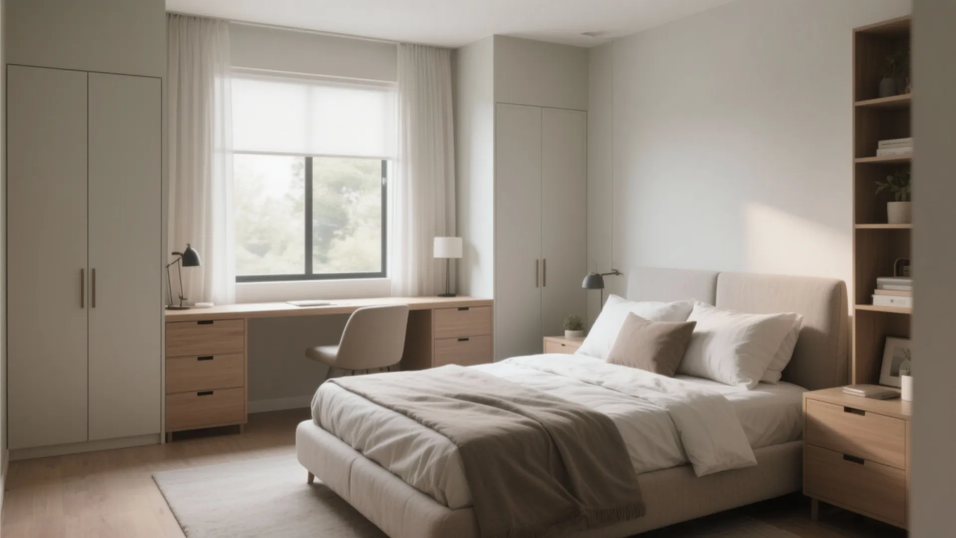 Modern bedroom interior design drawing with integrated desk wooden cabinet large wardrobe and soft natural lighting